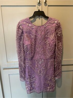 Dress the Population Lavender Beaded Long Sleeve Embellished Cocktail Dress